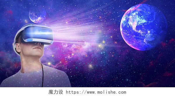 蓝紫色科技风宇宙星球vr眼镜人元宇宙科技海报背景